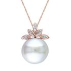 Freshwater Cultured Pearl & Diamond Accent 10k Rose Gold Leaf Pendant Necklace, Women's, Size: 17, White
