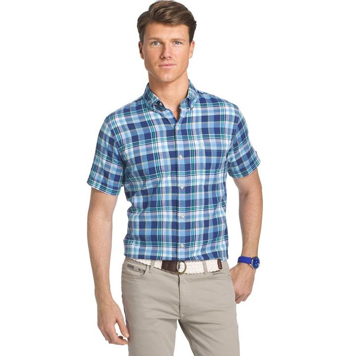 Men's Izod Dockside Classic-fit Plaid Chambray Woven Button-down Shirt, Size: Small, Dark Blue