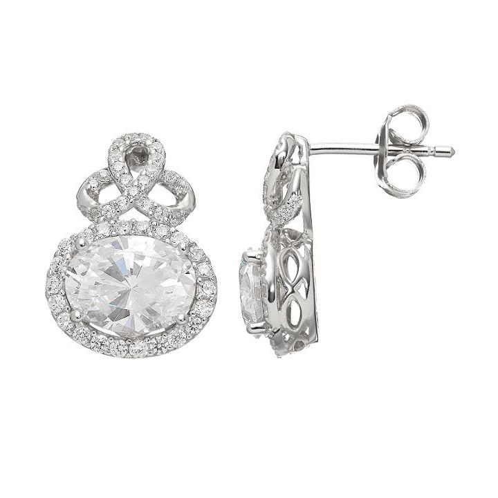 Cubic Zirconia Sterling Silver Halo Stud Earrings, Women's, White