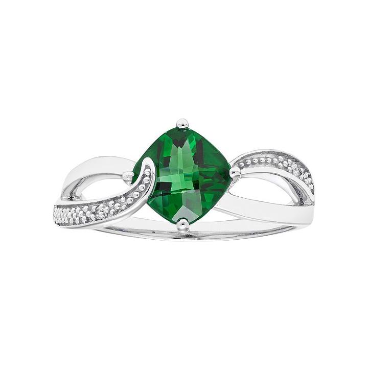 Sterling Silver Lab Created Emerald & Diamond Accent Cushion Bypass Ring, Women's, Size: 8, Green