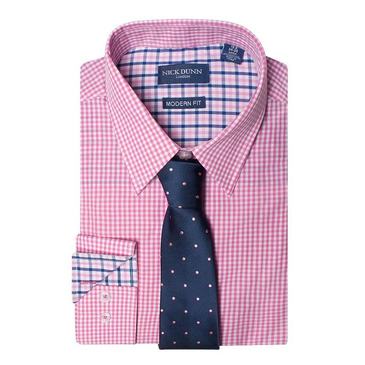 Men's Nick Dunn Modern-fit Patterned Easy-care Spread-collar Dress Shirt & Tie Set, Size: S 34/35, Pink