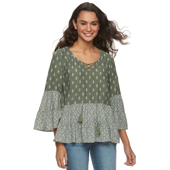 Juniors' Mudd&reg; Printed Lace-up Peasant Top, Girl's, Size: Xs, Med Green