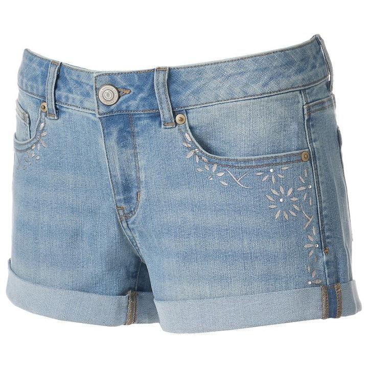 Juniors' So&reg; Embellished Cuffed Jean Shortie Shorts, Girl's, Size: 5, Med Blue