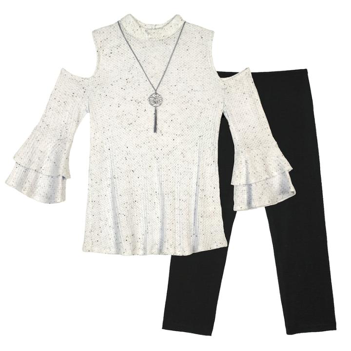 Girls 7-16 Iz Amy Byer Thermal Cold-shoulder Bell Sleeve Tunic & Leggings Set With Necklace, Size: Large, White