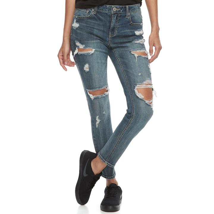 Juniors' Almost Famous Blown Out Ripped Skinny Jeans, Teens, Size: 11, Dark Blue