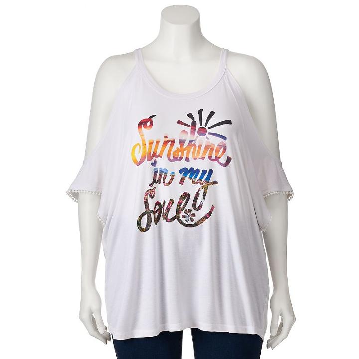Juniors' Plus Size About A Girl Cold Shoulder Graphic Top, Size: 3xl, Natural
