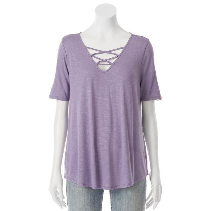 Juniors' Pink Rose Cross Front V-neck Tee, Girl's, Size: Large, Lt Purple