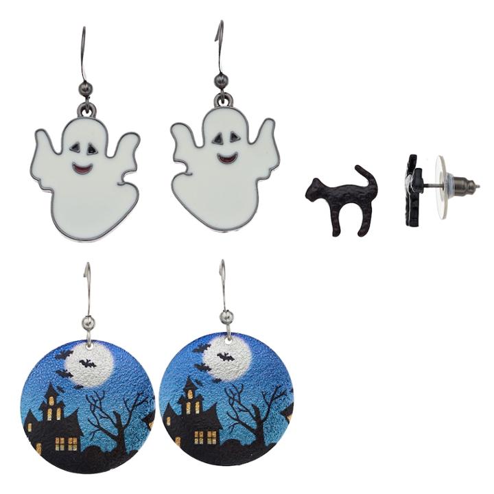 Cat, Ghost & Halloween Disc Nickel Free Drop Earrings Set, Women's, Multicolor