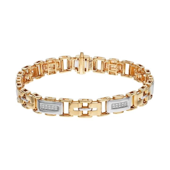 Men's Two Tone 10k Gold 1/4 Carat T.w. Diamond Rectangle Link Bracelet, White