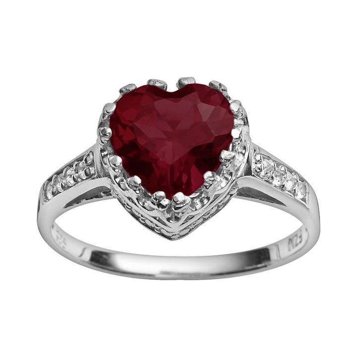 Sterling Silver Garnet And Lab-created White Sapphire Heart Crown Ring, Women's, Size: 7, Red