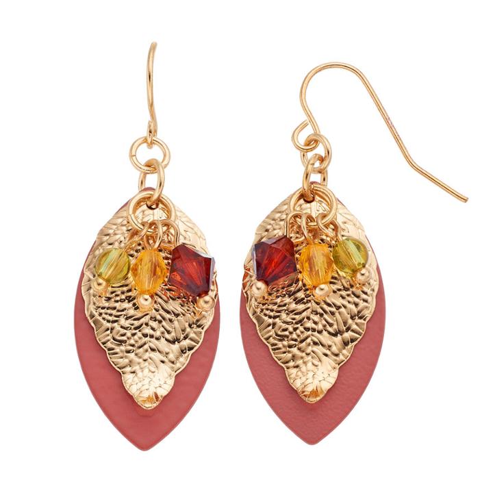 Textured Leaf Overlay Beaded Drop Earrings, Women's, Orange