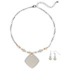 Glittery Square Pendant Necklace & Beaded Drop Earring Set, Women's, White