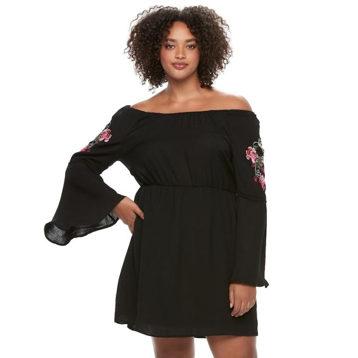 Juniors' Plus Size Lily Rose Applique Off-the-shoulder Dress, Teens, Size: 3xl, Black