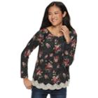 Juniors' Rewind Lace-up Back Crochet Trim Long Sleeve Tee, Teens, Size: Xl, Black