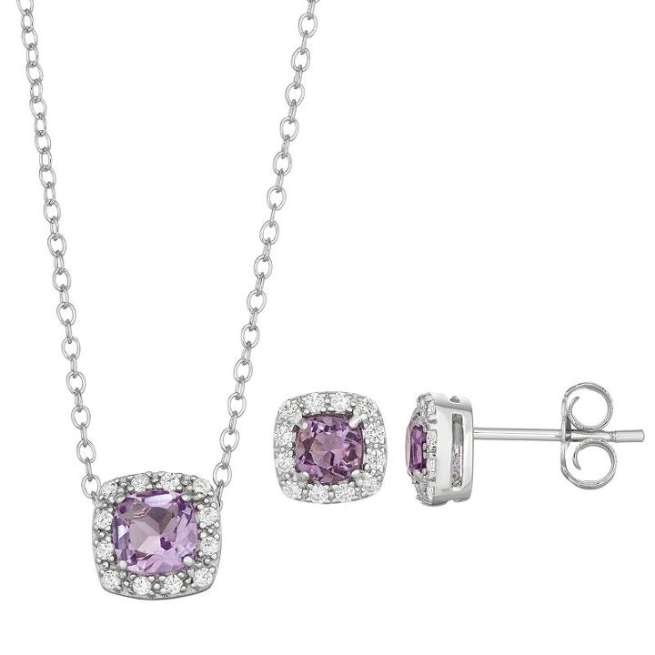 Sterling Silver Amethyst & Cubic Zirconia Cushion Halo Pendant & Stud Earring Set, Women's, Size: 18, Purple