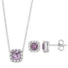Sterling Silver Amethyst & Cubic Zirconia Cushion Halo Pendant & Stud Earring Set, Women's, Size: 18, Purple