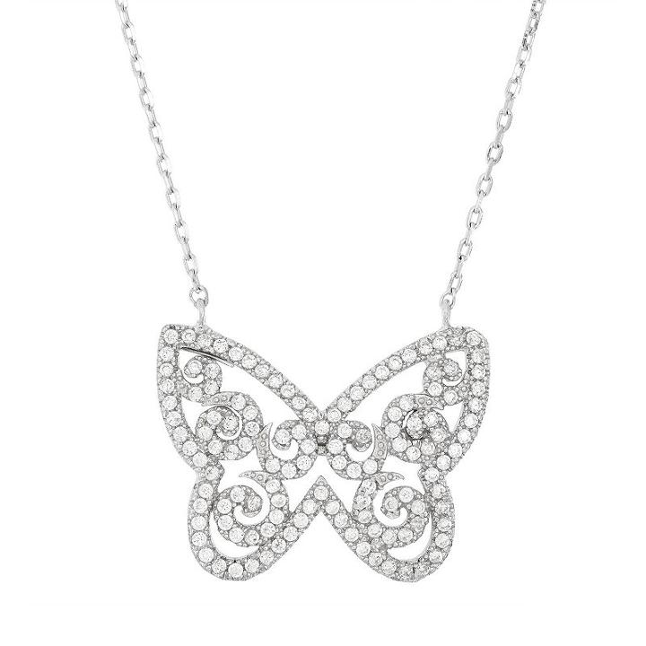 Cubic Zirconia Sterling Silver Butterfly Necklace, Women's, Size: 18, White