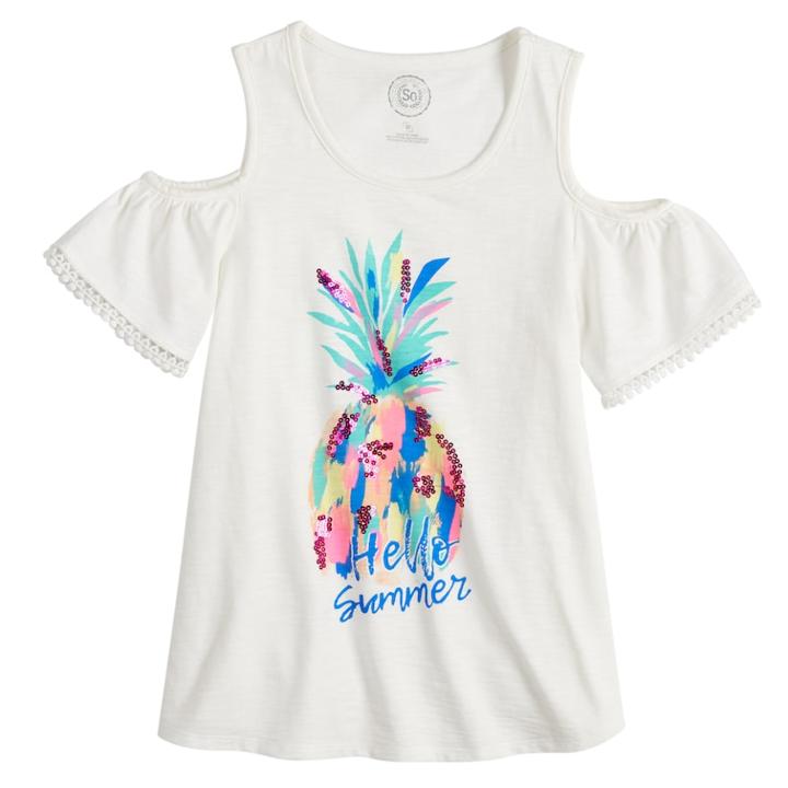 Girls 7-16 & Plus Size So&reg; Cold Shoulder Pom-pom Trim Graphic Tee, Size: 18 1/2, White