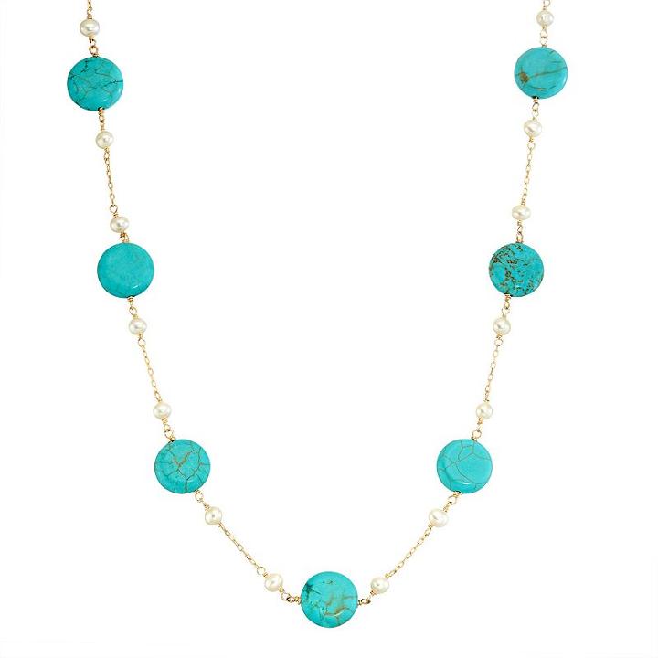 14k Gold Turquoise & Freshwater Cultured Pearl Station Necklace, Women's, Size: 18, Blue