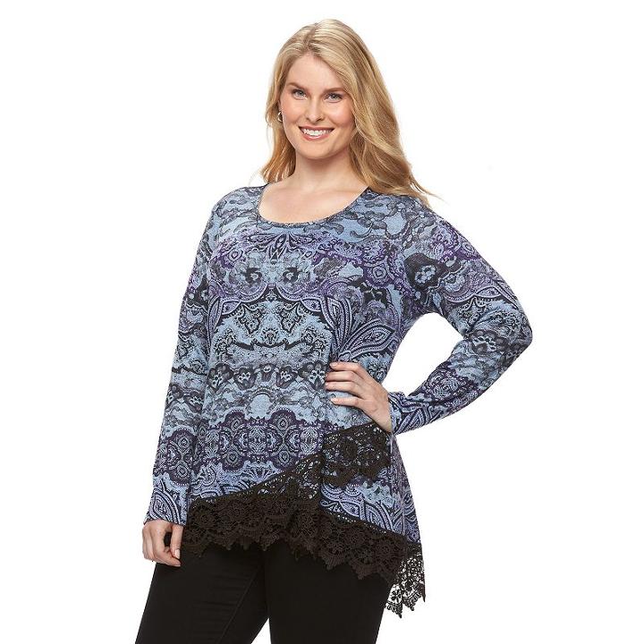 Plus Size World Unity Striped Lace-hem Top, Women's, Size: 2xl, Light Blue