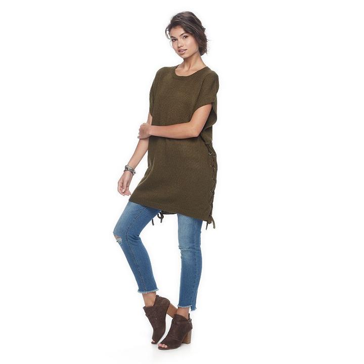Madden Nyc Flat Knit Side Lace Up Poncho, Women's, Green Oth