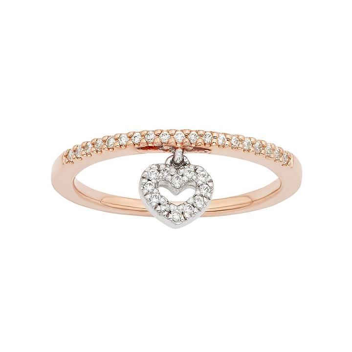 1/6 Carat T.w. Diamond Two Tone 10k Rose Gold Heart Charm Ring, Women's, Size: 4, White