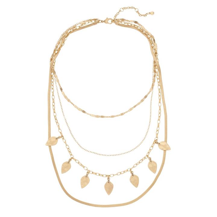 Long Layered Leaf Necklace, Women's, Gold