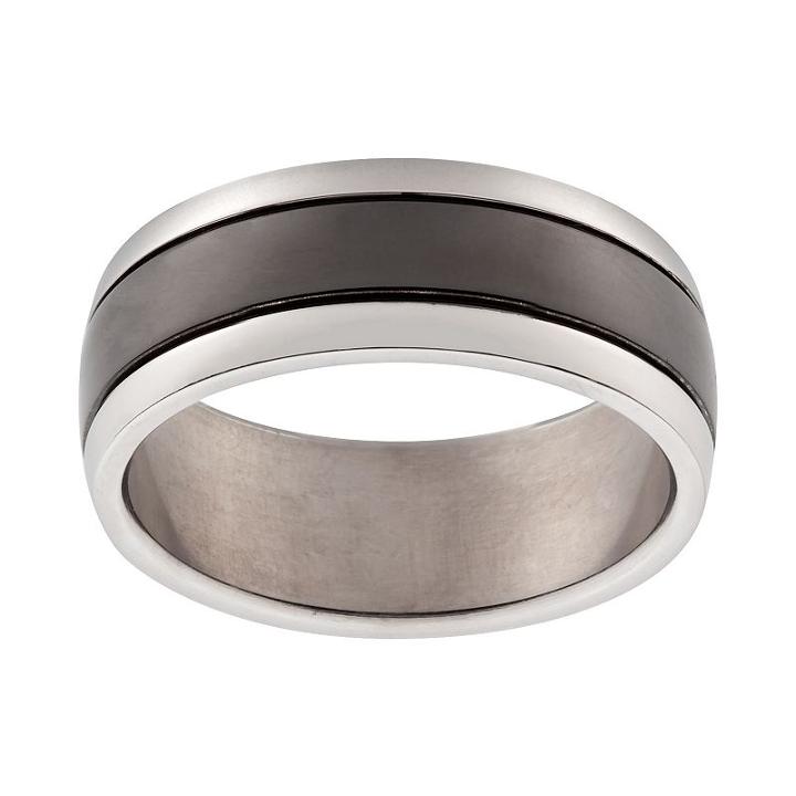 Black Ion-plated Titanium And Titanium Stripe Band - Men, Size: 8, Multicolor