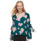 Juniors' Lily Rose Tie Sleeve V-neck Top, Teens, Size: Xl, Teal Floral