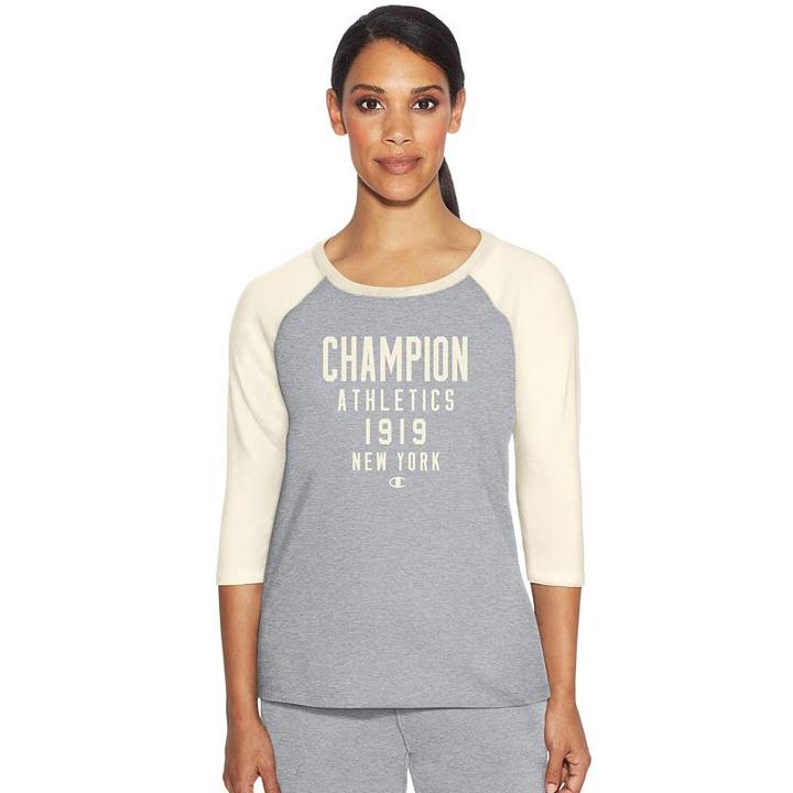 Women's Champion Graphic Raglan Tee, Size: Large, Med Grey