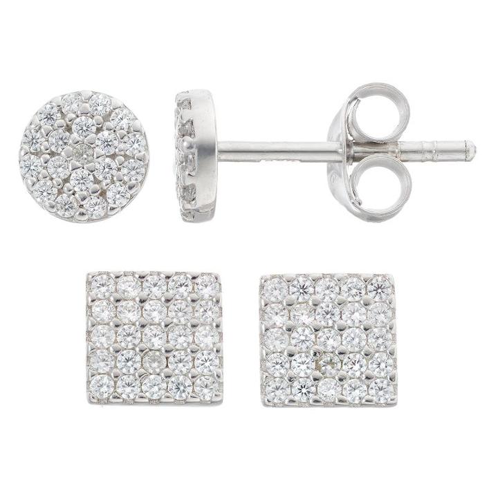Fleur Silver Tone Cubic Zirconia Circle & Square Stud Earring Set, Women's, White