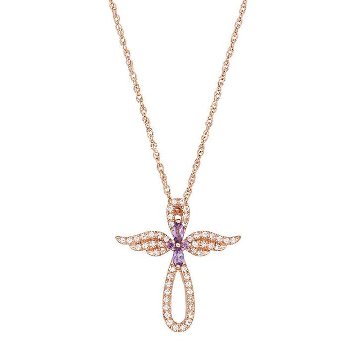 14k Rose Gold Over Silver Amethyst & Lab-created White Sapphire Angel Wing Cross Pendant, Women's, Size: 18, Purple