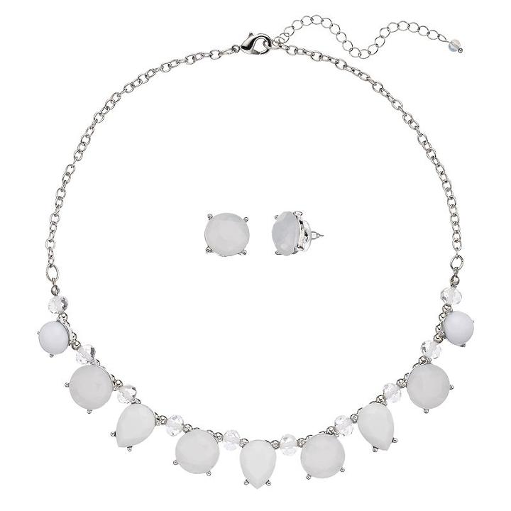 White Geometric Stone Necklace & Stud Earring Set, Women's