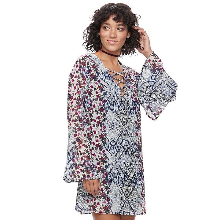 Juniors' Speechless Print Bell Sleeve Shift Dress, Teens, Size: Medium, Light Blue
