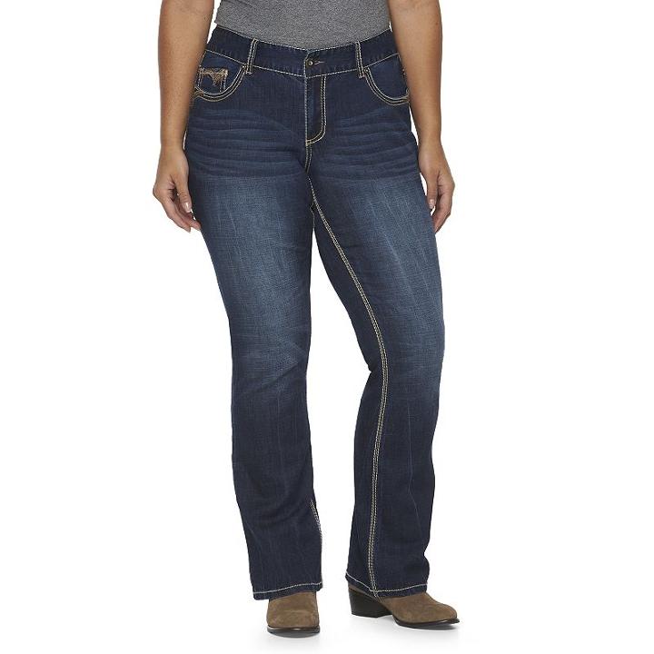 Plus Size Rhythm In Blues Embellished Contrast Stitch Bootcut Jeans, Women's, Size: 14w Av/reg, Dark Blue