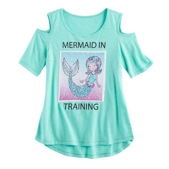 Girls 7-16 So&reg; Cold Shoulder Two-way Sequin Tee, Size: 12, Turquoise/blue (turq/aqua)
