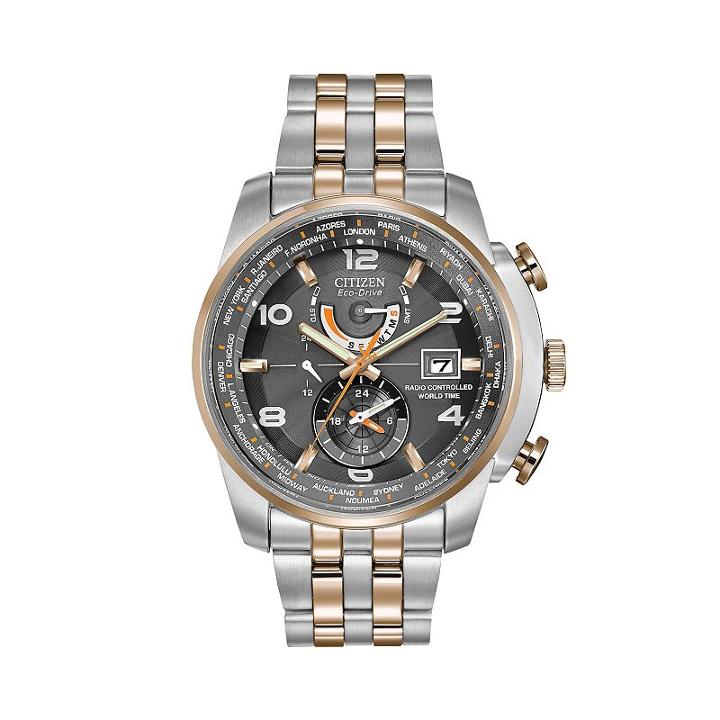 Citizen Eco-drive Men's World Time A-t Two Tone Stainless Steel Chronograph Watch, Multicolor