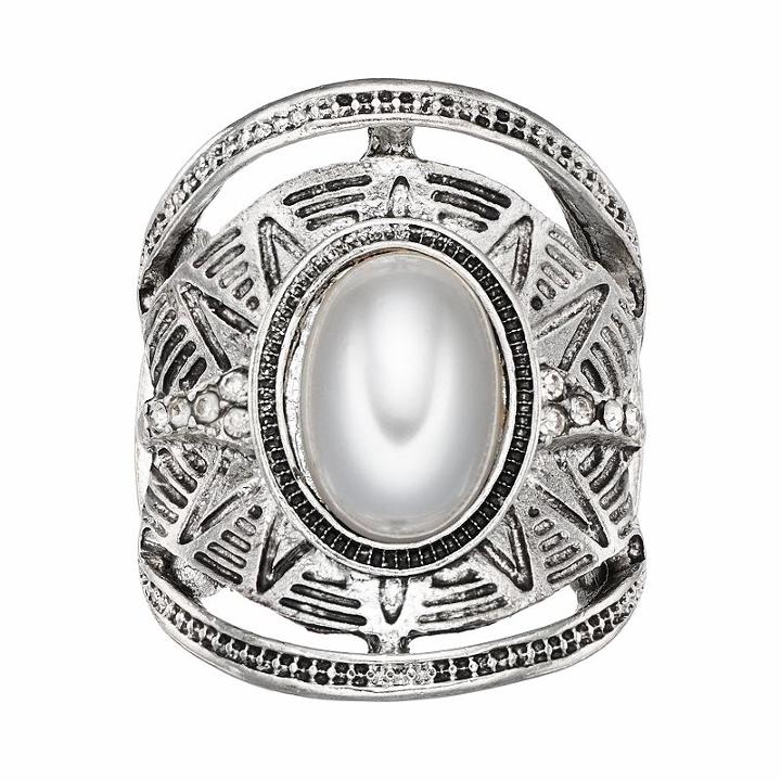 White Oval Cabochon Antiqued Stretch Ring, Women's