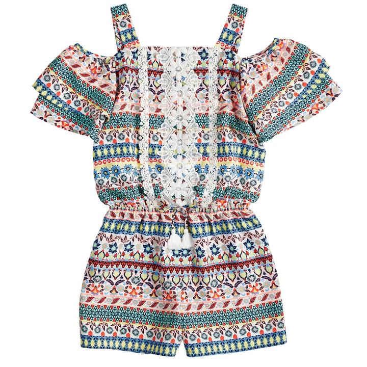 Girls 7-16 My Michelle Printed Crochet Ruffle Romper, Size: Medium, Multi