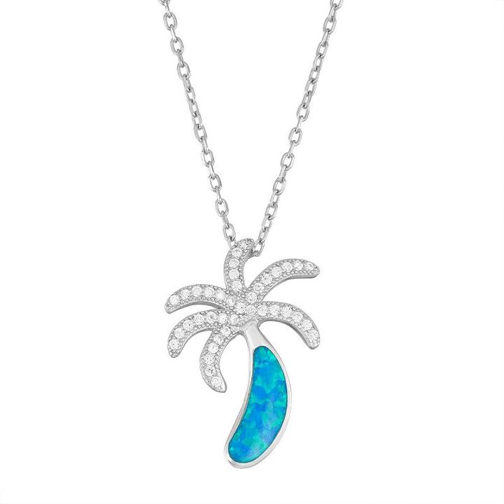 Sterling Silver Lab-created Blue Opal & Cubic Zirconia Palm Tree Pendant Necklace, Women's, Size: 18