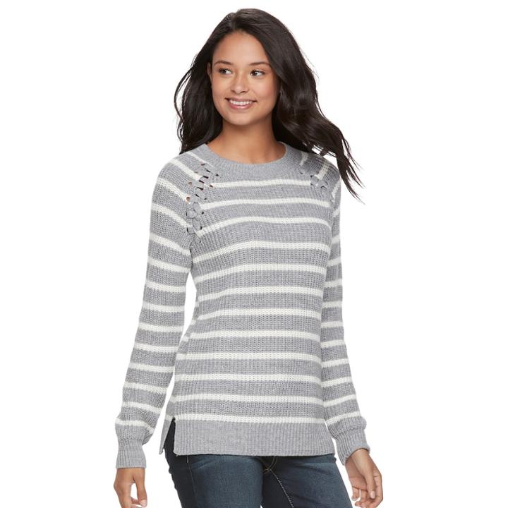 Juniors' So&reg; Raglan Crewneck Sweater, Teens, Size: Small, Grey (charcoal)