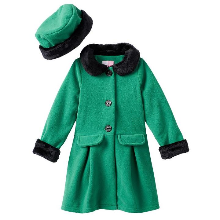 Girls 4-6x Sophie Rose Green Fleece Peacoat With Hat, Girl's, Size: 5, Med Green