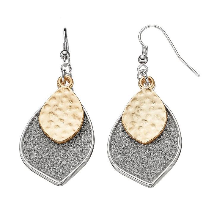 Two Tone Glittery & Hammered Nickel Free Marquise Drop Earrings, Women's, Multicolor
