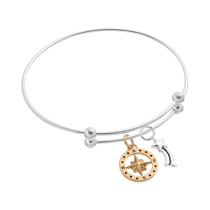 Sterling Silver Two Tone Compass & Shooting Star Charm Bangle Bracelet, Women's, Multicolor
