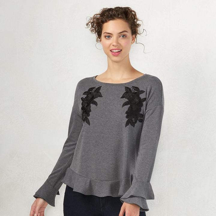 Women's Lc Lauren Conrad Embroidered Floral Sweatshirt, Size: Small, Grey