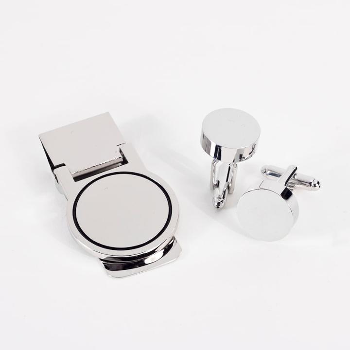 Rhodium-plated Round Cuff Links And Money Clip Set, Men's, Multicolor