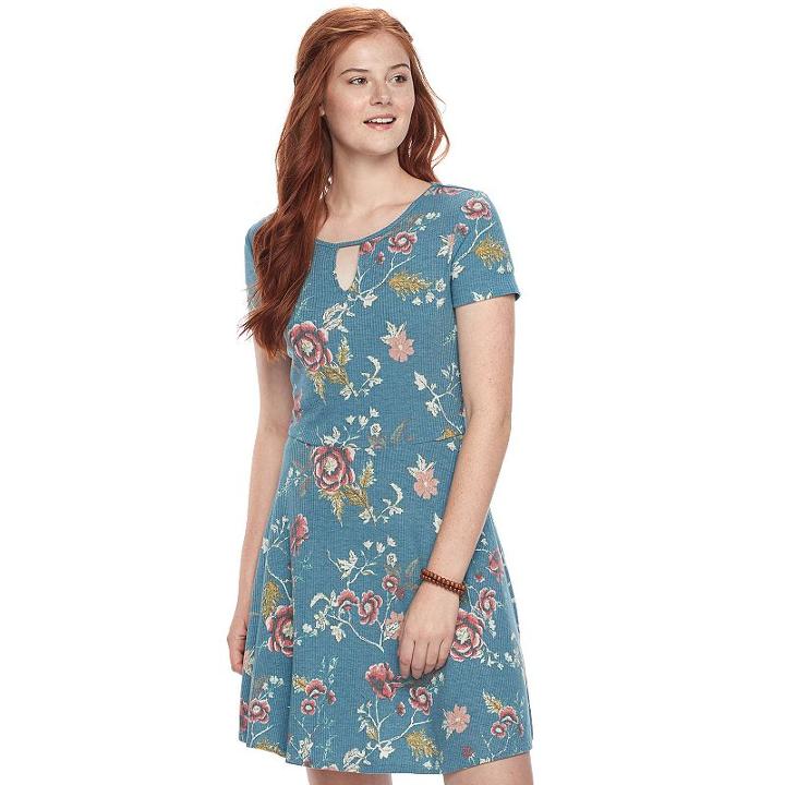 Juniors' Love, Fire Ribbed Keyhole Skater Dress, Teens, Size: Small, Blue Other