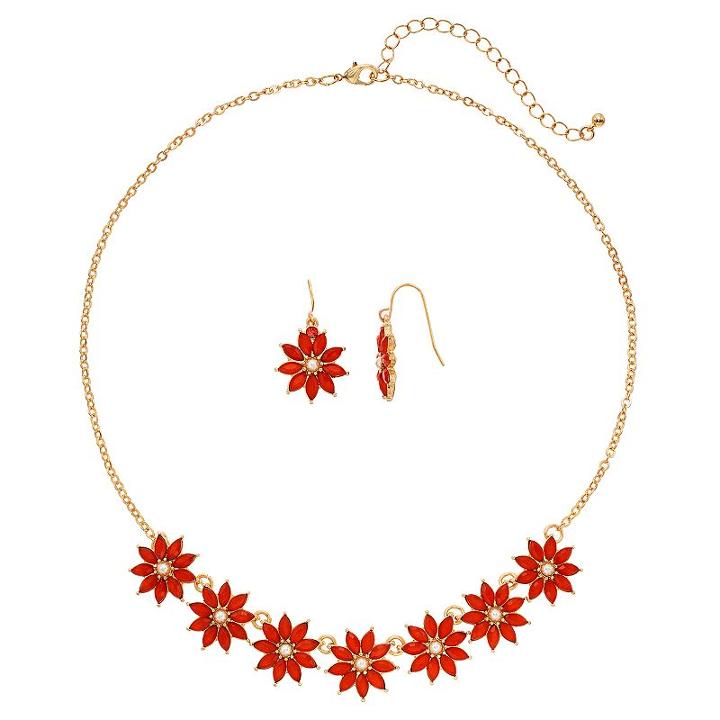 Orange Flower Necklace & Drop Earring Set, Women's, Brt Pink