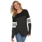 Juniors' Miss Chievous Varsity Striped Twist-front Colorblock Top, Teens, Size: Xl, Charcoal Black Combo