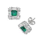 Sterling Silver Lab-created Emerald And Lab-created White Sapphire Square Halo Stud Earrings, Women's, Green